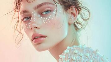 Portrait of a model with delicate makeup and pearl decorations in artistic lighting photo