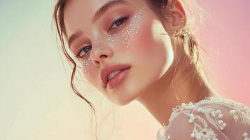 Beautiful woman with pearls on her face posing against a pastel background photo