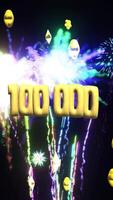 Vertical 100 000 One Hundred Thousand 3d text with fireworks display video