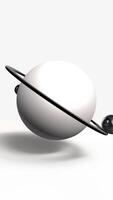 vertical Abstract 3d animation, white sphere with metal rings and orbit ball minimalistic background video