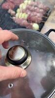 ugc grilling meat in pot on a barbecue vertical user generated video