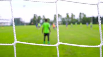 Focused Goal Net in Kids Soccer Match with Blurred Text Space video