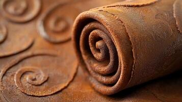 Beautifully detailed brown leather roll with swirling patterns on display photo
