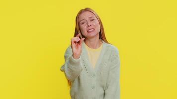 Woman show a little bit gesture begging help need some more please give me measuring small size video