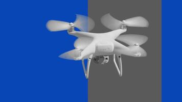 UAV Quadcopter Drone Flying Outdoors in Front of a Blue Screen. Grey Graphic Pan To Indicate Quality of Keying Possible. video