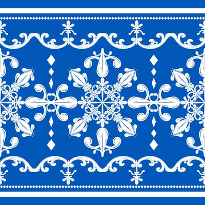 Miraculously Classic Indigo Blue With White Silk Weaves Baroque Fleur de lis Decoration Pattern. Elegance Luxury Scroll Ornament and Geometric Exquisitely Flawless Detailed Neatly Craft Fabrics Border