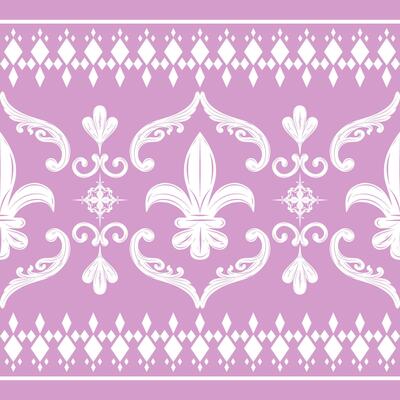 Gentle Elegance Lilac Pattern with Geometric White Detailed Ornament Seamless Border Luxury Timeless Fleur De lis Lily Floral Victorian Regency Style for Haute Couture Traditional Fashion Apparel Lace