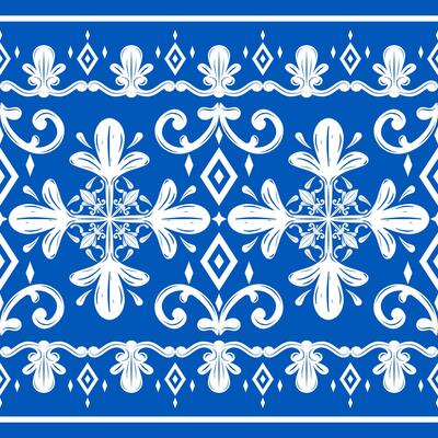 Artistic Fleur de lis Ornament on Royal Blue Background. Elaborate Elegance Victorian Ages Delicate Pattern Border. Beautiful Snowflakes Scroll Embroidery with White Silk Weaves Geometric Decoration