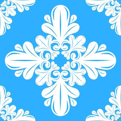White Florals Luxury Delicate Ornament on Light Blue Sky Background Elaborate Detailed Victorian Winter Snowflakes Scroll Element Seamless Pattern for Expensive Rich Style Fabrics Textiles Attire Lace