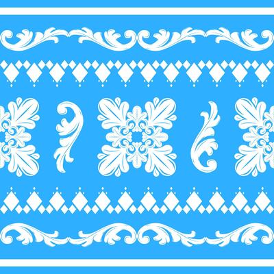 Beautiful White Silk Weaves On Light Blue Background Pattern Decoration Exquisite Detailed Embroidery Lace Border Scroll Ornament Victorian Baroque Style Taste of Regency Nobel with Geometric Element