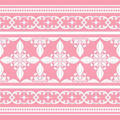 Fancy White Florals Buds Decoration with Luxury Scroll Ornament Stripe Element on Pink Background Seamless Luxury Border Embroidery Brocade Pattern for Medieval Ages Style Decoration Scarf Carpet Silk