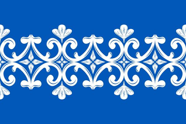 Elaborate Luxury White Floral Silk Weaves Scroll Ornament Embroidery on Royal Blue Background Exquisitely Detailed Border Seamless Pattern for Elegance Design Decoration Leaf Petals Lace Rococo