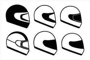 Set of motorcycle helmets in different designs, black and white vector