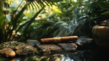 A cigar sits on a rock in the middle of a pond photo