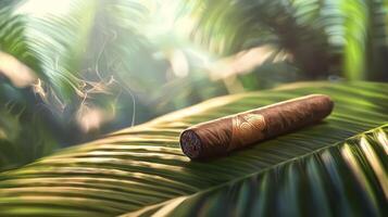 A cigar laying on top of a leaf in the jungle photo