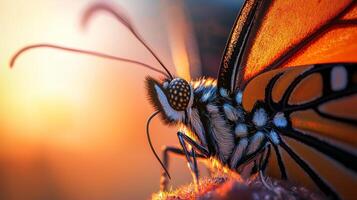 A close up of a butterfly with the sun in the background photo