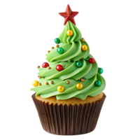 Green Frosted Cupcake Shaped Like a Christmas Tree with Colorful Sprinkles and a Red Star on Top png