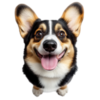 Funny tri color corgi with tongue out looking up at the camera isolated on a transparent background png