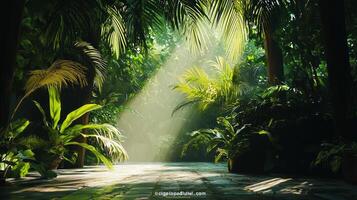 Sunlight shining through the trees in a tropical jungle photo