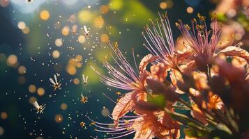 Flowers and bees flying in the air photo