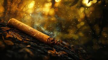 A cigarette sitting on a pile of leaves photo