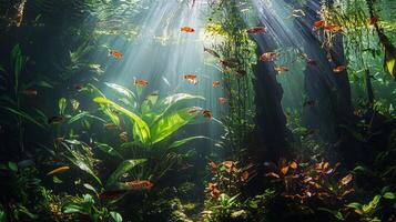 A tropical forest with plants and fish photo