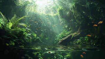 A tropical forest with fish and plants photo