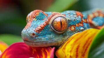 A colorful geckole is sitting on a flower photo