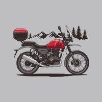 Motorcycle with red tank and storage against a mountain backdrop vector