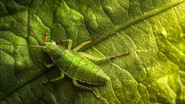 A green bug is sitting on a leaf photo