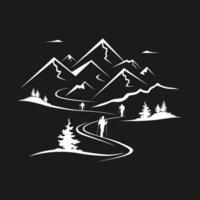 Monochrome depiction of hikers traversing a rugged mountain trail with lush surroundings vector