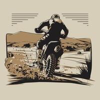 A motocross rider in action, viewed from the rear, kicking up dust on a rugged terrain vector