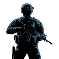 Graphic of a combat-ready soldier in gear, featuring a rifle and body armor vector