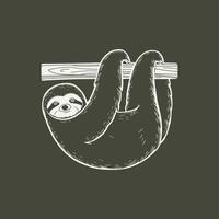 Illustration of a sloth hanging from a branch, rendered in white ink on a dark background vector