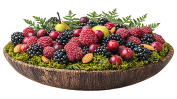 Fresh Berries and Fruits Arranged in a Rustic Wooden Bowl png