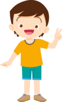 The boy stood with two fingers up to show his enthusiasm for learning. png