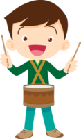 A boy is standing and playing the drums of the orchestra with a smile on his face. png