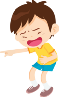 A mischievous boy arched his back, laughed hard and pointed at something. png