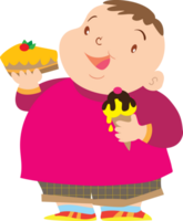 A chubby little boy is enjoying the cake and ice cream in his hands. png