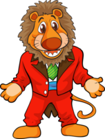 A lion mascot in a bright red suit with a smiling face. png
