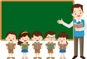 Teacher standing in front of a blackboard, explaining a lesson. png