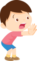 A boy is waving his hand to stop something with a worried expression on his face. png