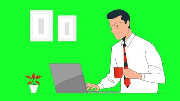 Man eating copy, man using laptop, eating and working On Green Screen video