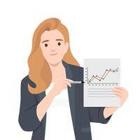 Businesswoman Analyzing Growth Chart. Woman holds a document with a rising chart and points at it. vector