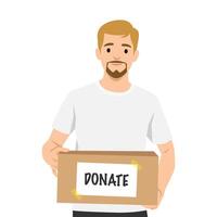 Man in a white tshirt holds a donation box, symbolizing kindness and charitable giving. vector