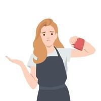 Barista with a disappointed expression holds an empty red cup, unsure of what to do next. vector