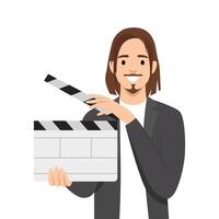 Man holds a film clapperboard, representing the excitement and creativity of movie production. vector