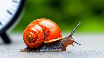 Small orange and brown snail is on a table next to a clock. The snail is looking up at the clock, as if it is curious about the time. The image has a calm and peaceful mood photo
