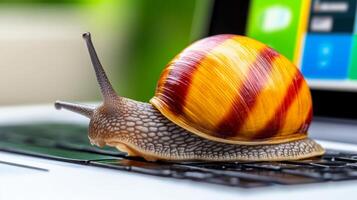 Small, yellow and red snail is crawling on a laptop keyboard. The snail is on the keyboard in front of a green background photo