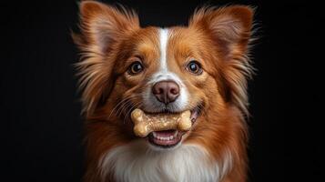 Dog is holding a bone in its mouth. The dog has a happy expression on its face photo